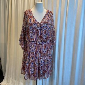 V-Neck Chaya Bohemian style EUC print Dress plus size 24W in blue/gold/maroon.